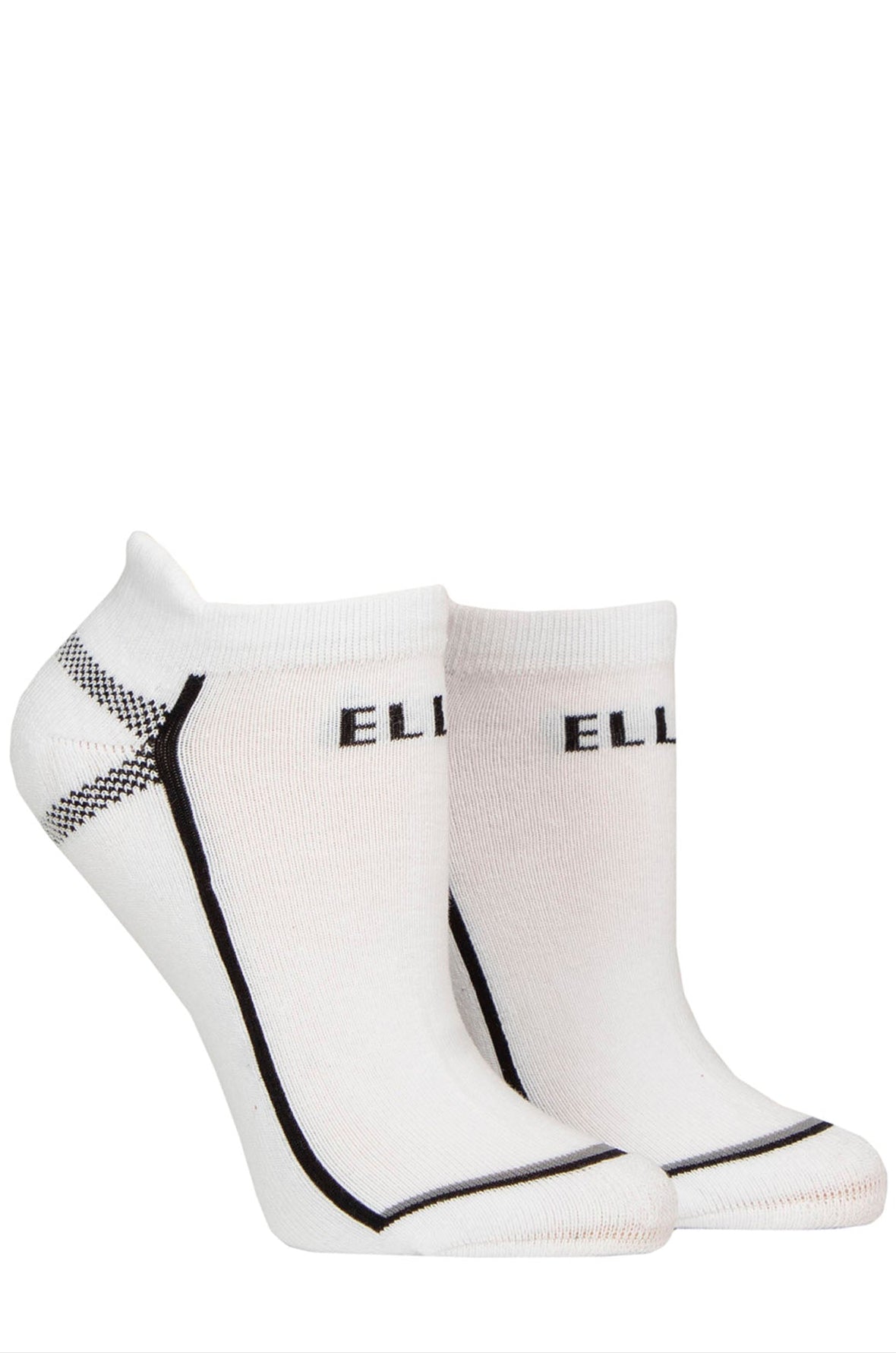 White ankle socks with black accents and 'ELLE' branding on a white background