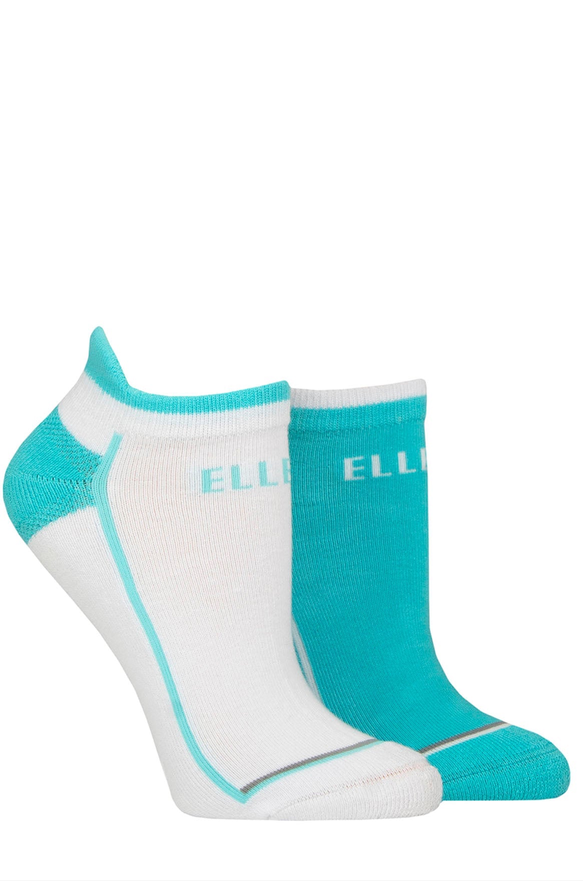Pair of teal and white ankle socks with 'ELLE' branding on a white background
