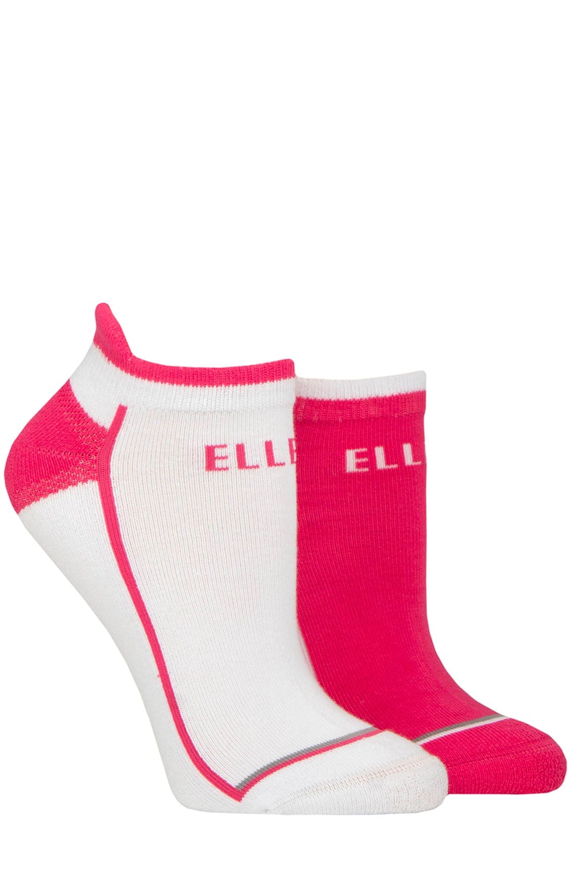 Two pairs of pink and white socks with 'ELLE' branding on a white background