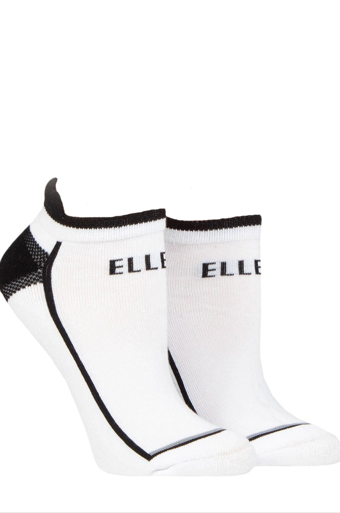 Two pairs of white socks with black accents and 'ELLE' branding on a white background.