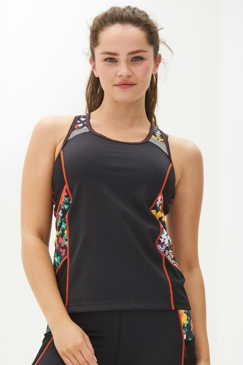 Energy Racer Back Tank Top-Black Ditsy