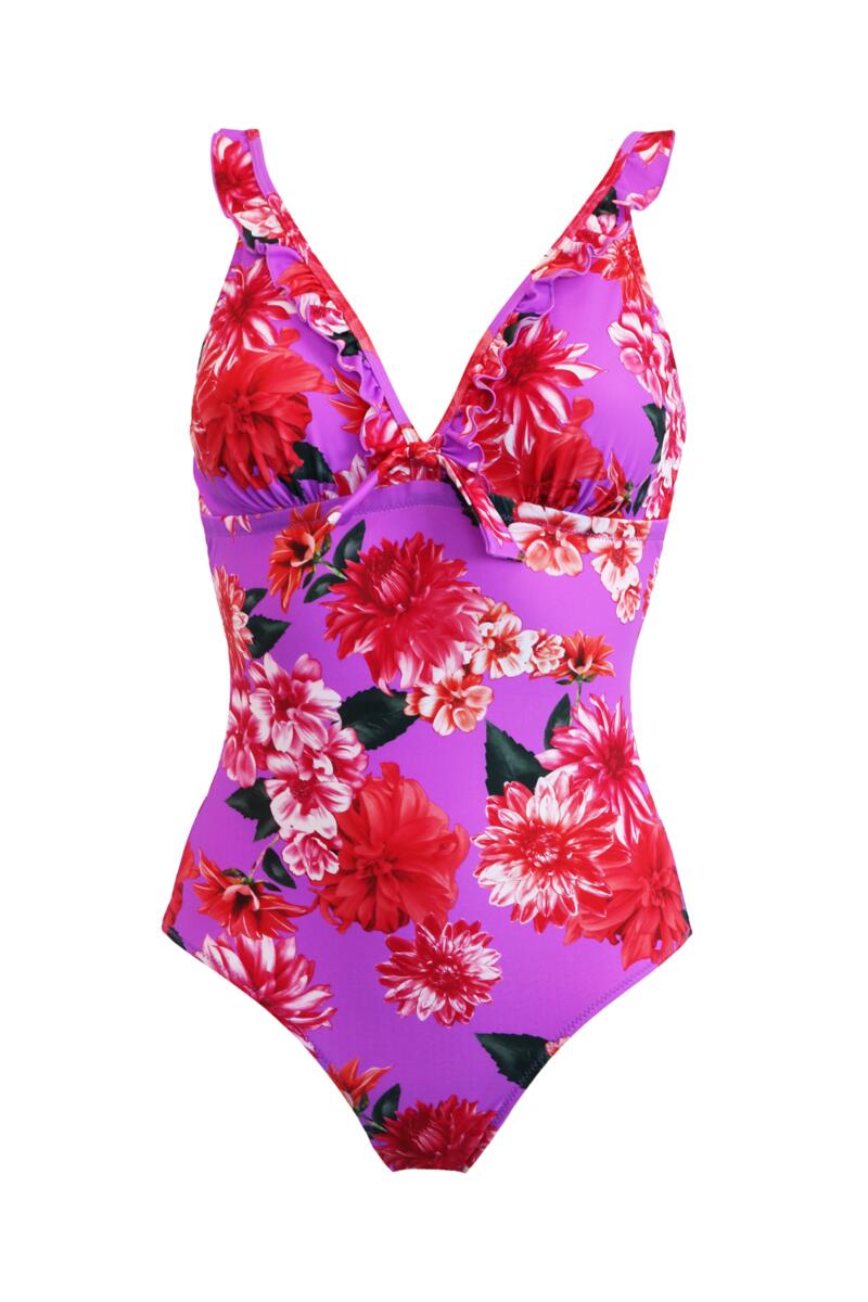 Getaway Frill Tummy Control Swimsuit-Ultraviolet Floral