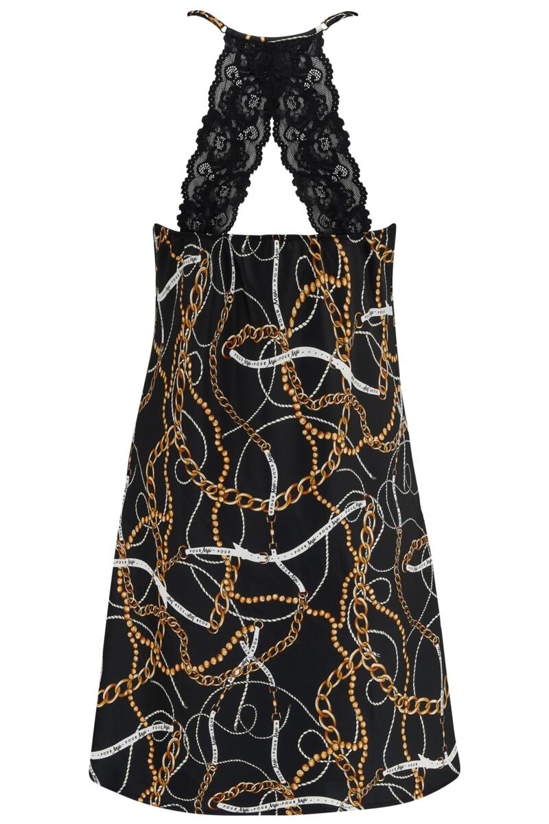Satin Print Lace Insert Chemise-Black/Gold Chain