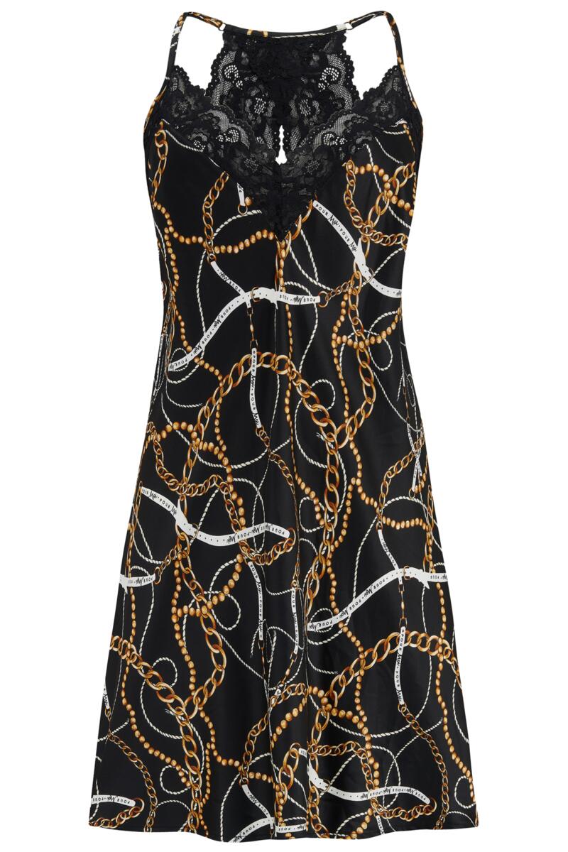 Satin Print Lace Insert Chemise-Black/Gold Chain