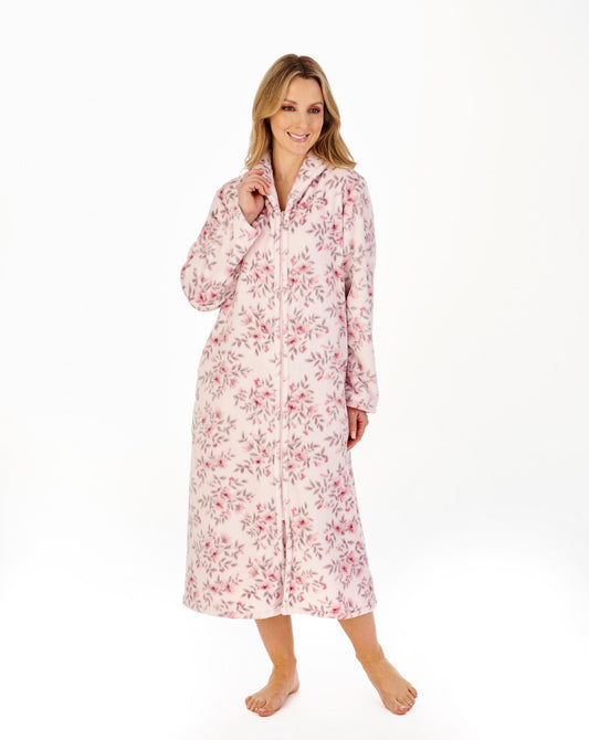 Slenderella-46'' Floral Flannel Fleece Zip Front Housecoat-HC04312-Pink