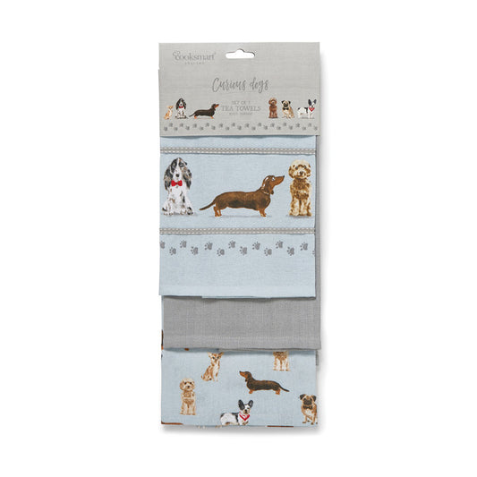 Cooksmart-Curious Dogs-100% Cotton Tea Towels-Pack of 3