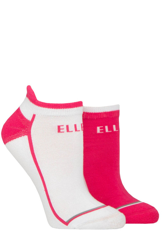 Two pairs of pink and white socks with 'ELLE' branding on a white background