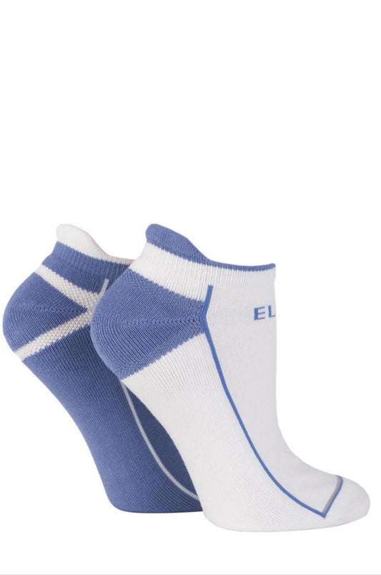 Pair of blue and white socks on a white background