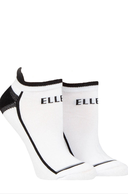 Two pairs of white socks with black accents and 'ELLE' branding on a white background.