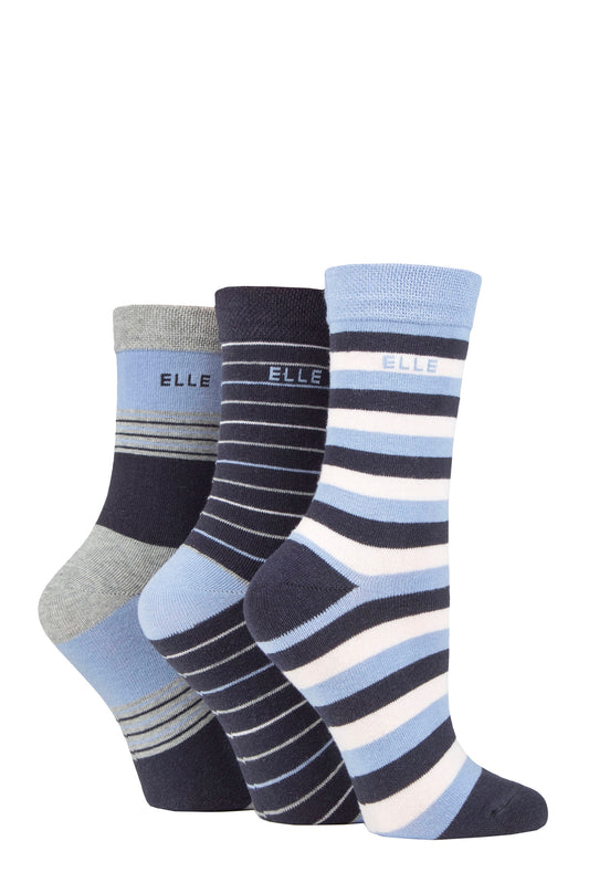 Elle-Ladies Cotton Socks-3 Pair Pack-Kentucky Blue Stripe