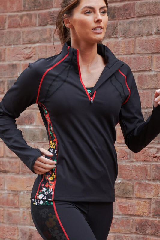 Energy Long Sleeved Half Zip Printed Running Top-Black Ditsy