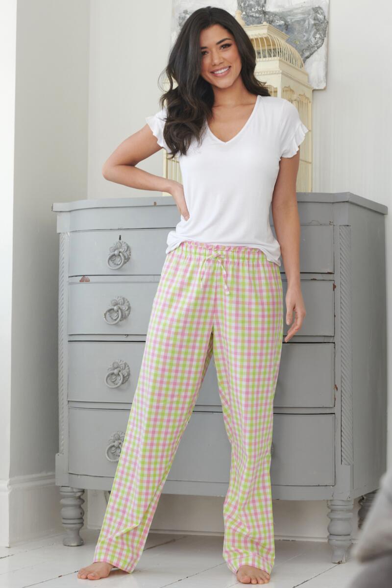 Cotton Woven Gingham Paperbag Trouser-Pink/Lime