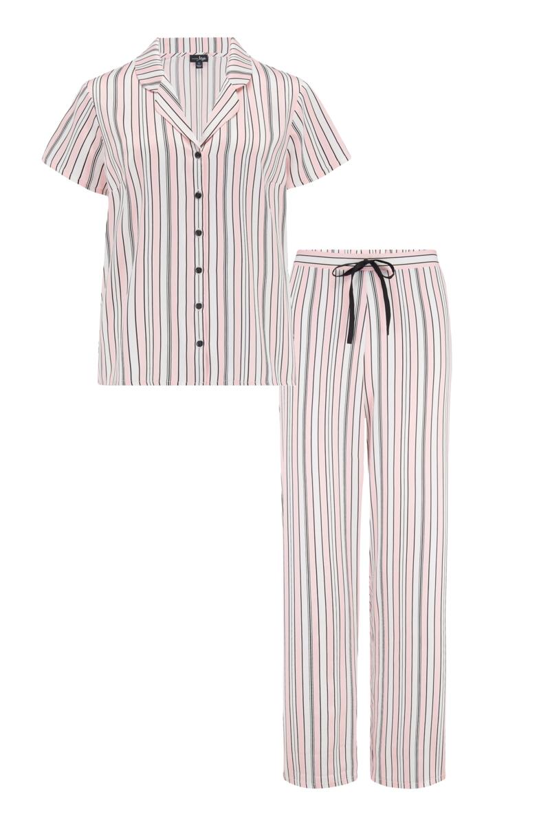 Satin Stripe Print Revere Collar Trouser PJ Set-Pink/Black/White
