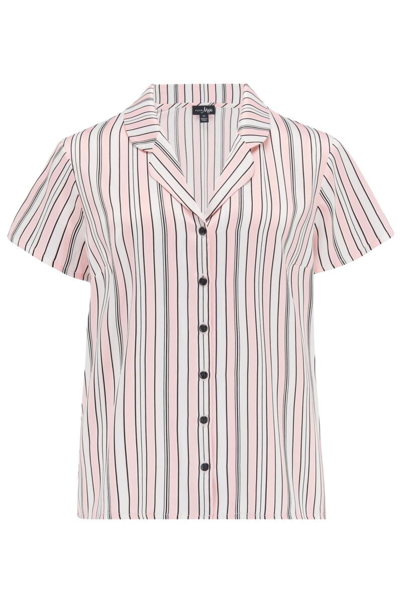 Satin Stripe Print Revere Collar Trouser PJ Set-Pink/Black/White