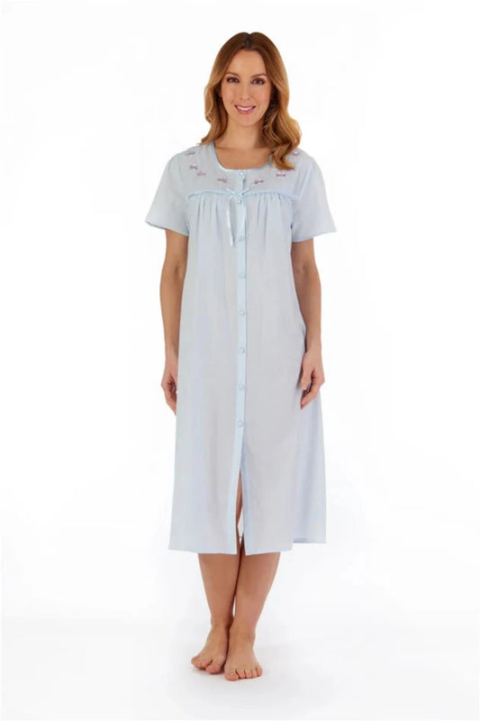 Slenderella-Short Sleeve Poly/Cotton Button Front Nightdress-ND55202-Blue