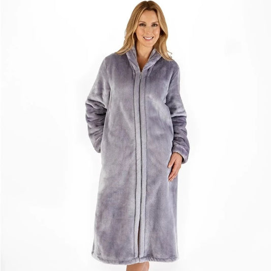 Slenderella-Zip Front Soft Fleece Robe-HC4340-Silver