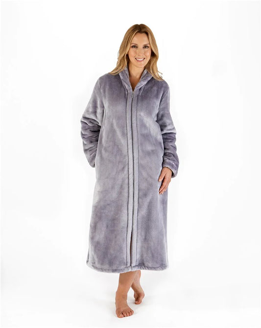 Slenderella-Zip Front Soft Fleece Robe-HC4340-Silver