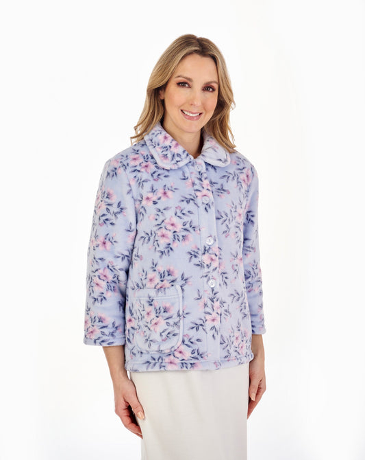 Slenderella-3/4 Sleeve Floral Flannel Fleece Bedjacket-BJ04310-Blue
