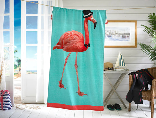 Cotton Beach Towel-Printed Velour-75x150cm-Flamingo