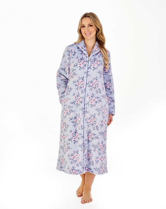 Slenderella-46'' Floral Flannel Fleece Zip Front Housecoat-HC04312-Blue