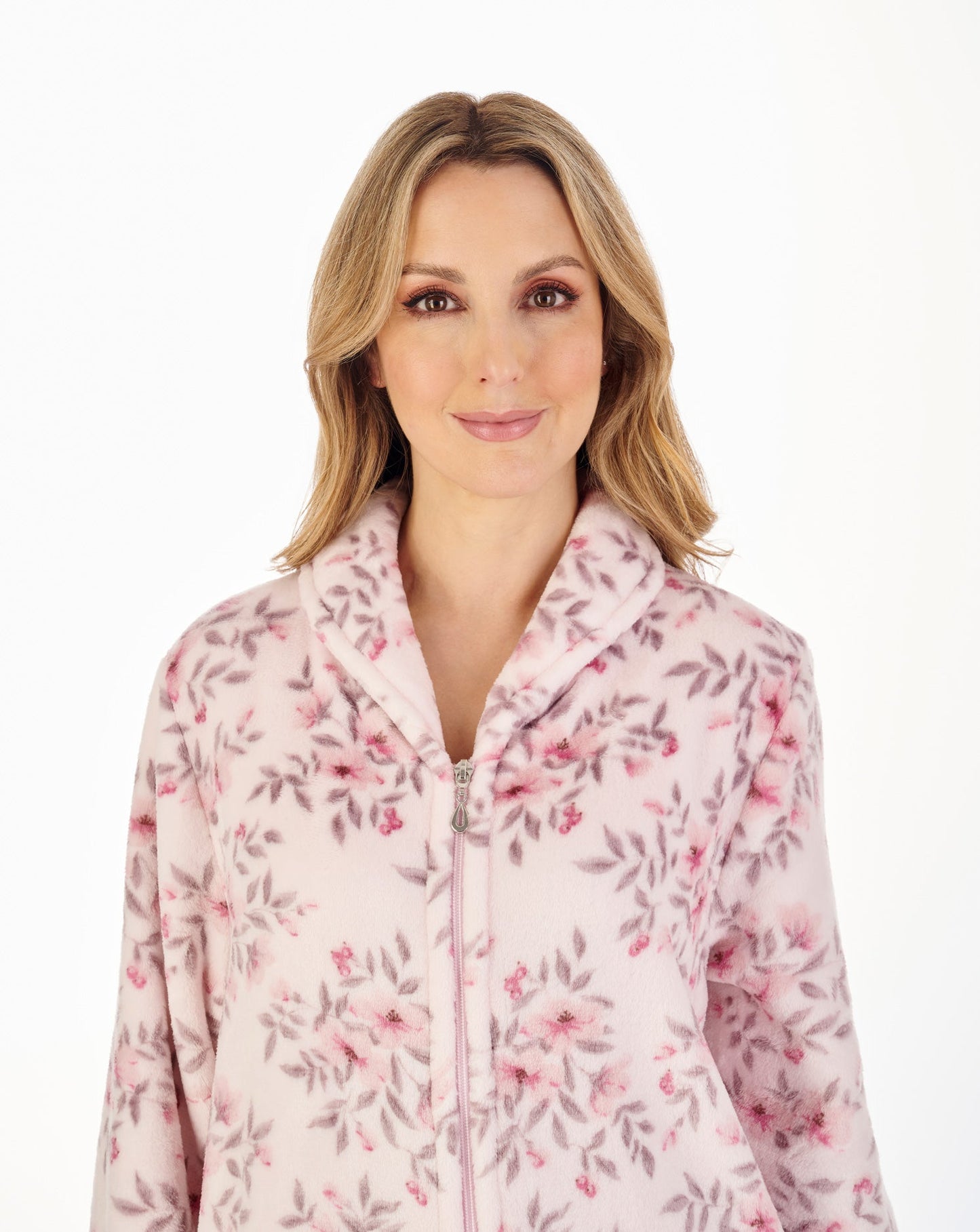 Slenderella-46'' Floral Flannel Fleece Zip Front Housecoat-HC04312-Pink