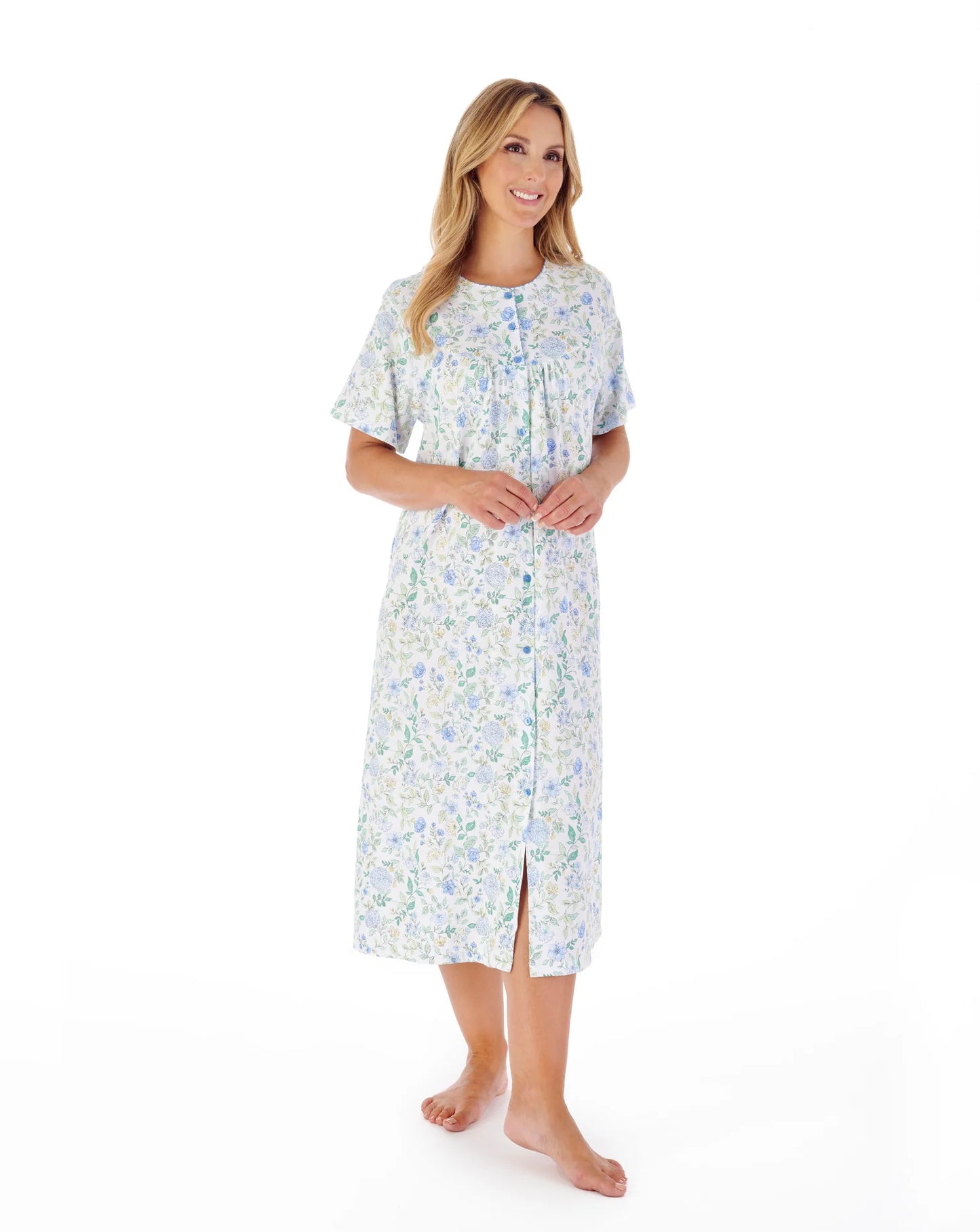 Slenderella-Short Sleeve 46'' Jersey Button Through Nightdress-ND03133-Blue