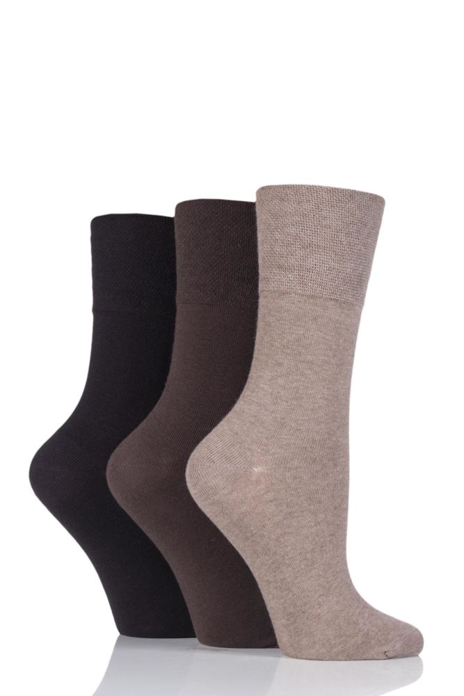 SockShop-Ladies Diabetic Socks-Gentle Grip-3 Pair Pack-77% Cotton-Browns