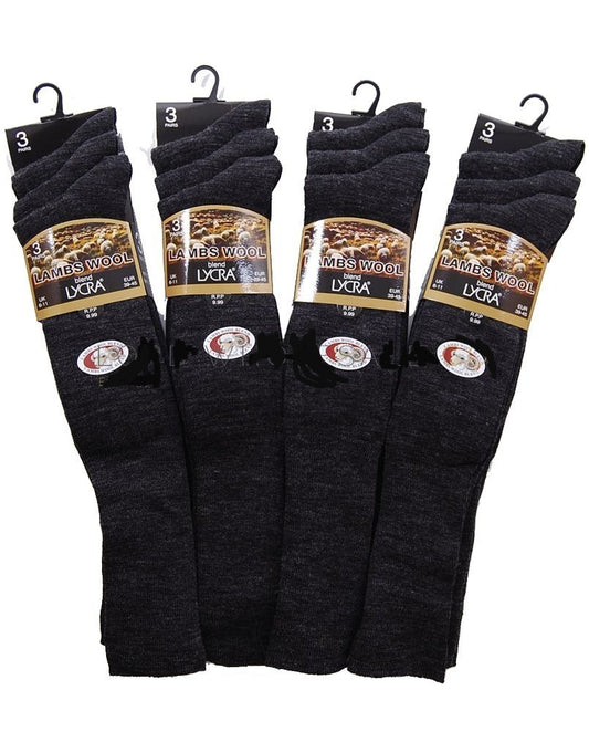 Traditional Mens Lambs Wool Blend Long Socks/Hose-3 Pair Pack-Charcoal