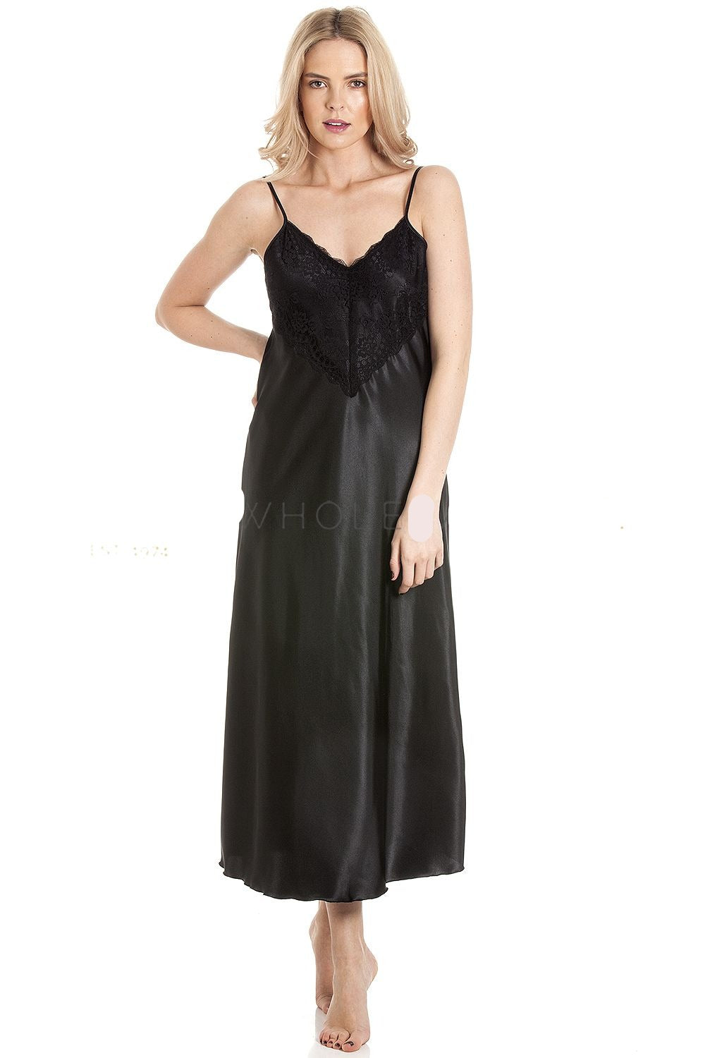 Ladies-Long Satin Nightdress-N50-Black