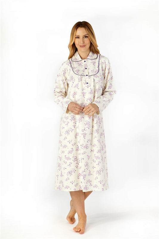 Slenderella-Ladies 100% Brushed Cotton Nightdress-45" Length-Long Sleeve-ND4211-Cream