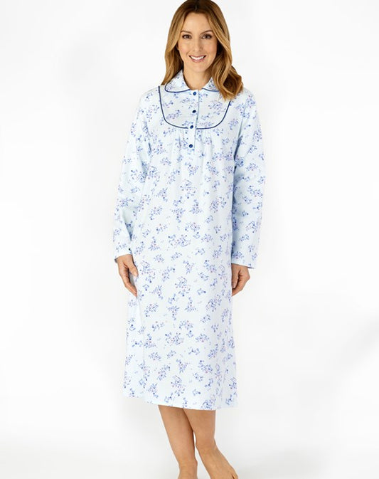 Slenderella-Ladies 100% Brushed Cotton Nightdress-45" Length-Long Sleeve-ND4211-Blue