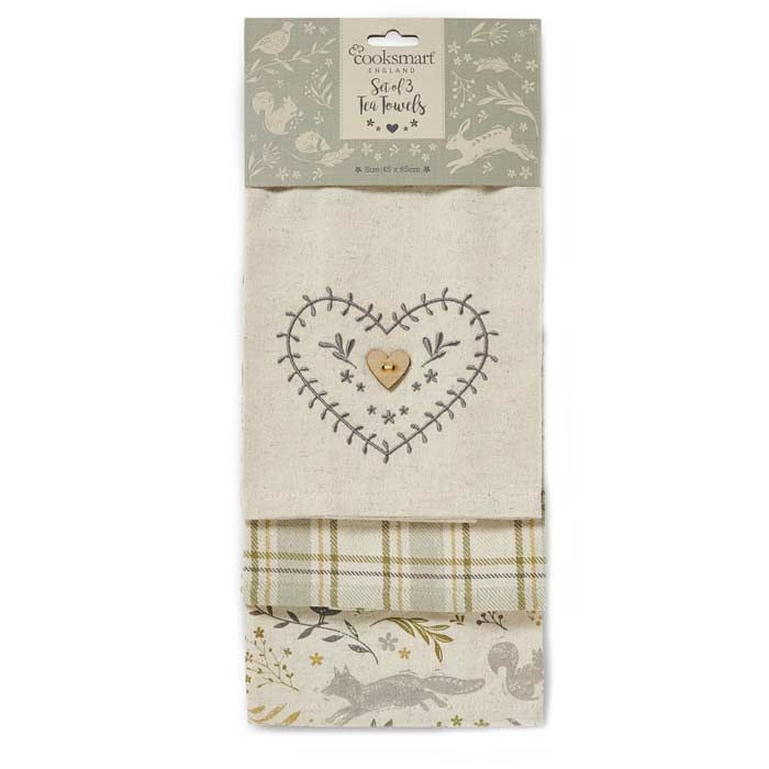 Cooksmart-Woodland-3 Tea-towels Pack-100% Organic Cotton