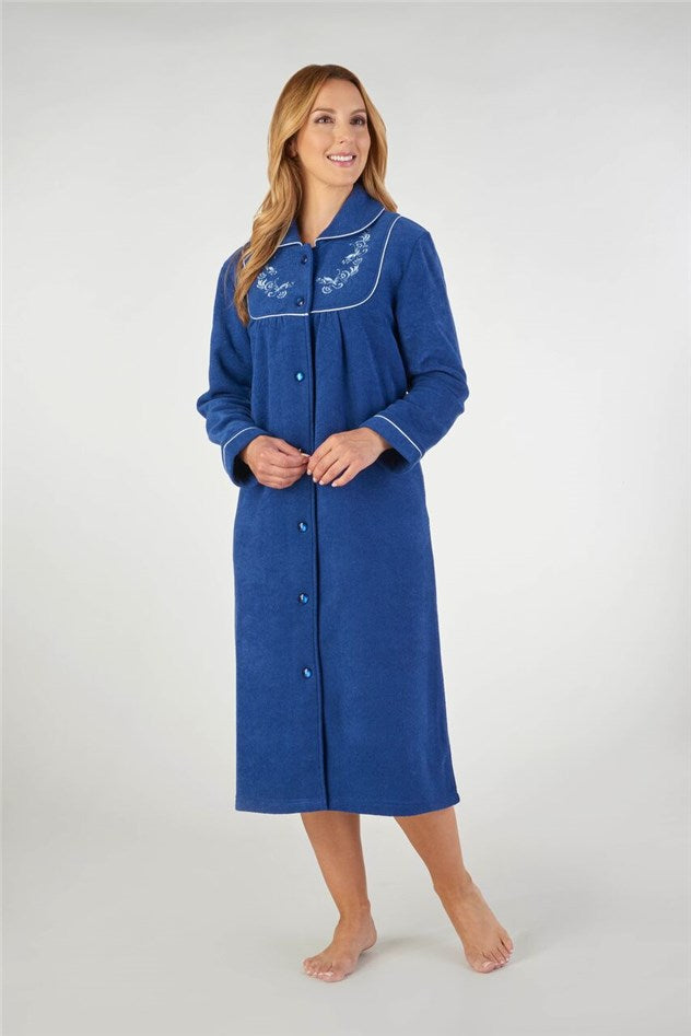 Slenderella-Housecoat-Embroidered Boucle Fleece-Button Down-HC2326-Blue